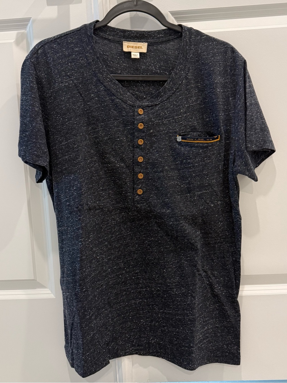Diesel Navy Short-Sleeve Henley with Contrast Pocket Trim